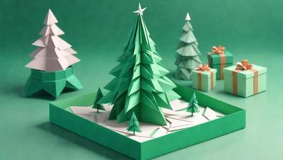 The primary subject of the image is a green paper tree, which is the main object in the scene. The setting is a green background, which creates a natural and festive atmosphere. The visual style is a combination of digital art and illustration, as the tree is crafted from paper and displayed on a green surface. The colors and mood of the image are predominantly green, which adds to the holiday theme and festive ambiance.